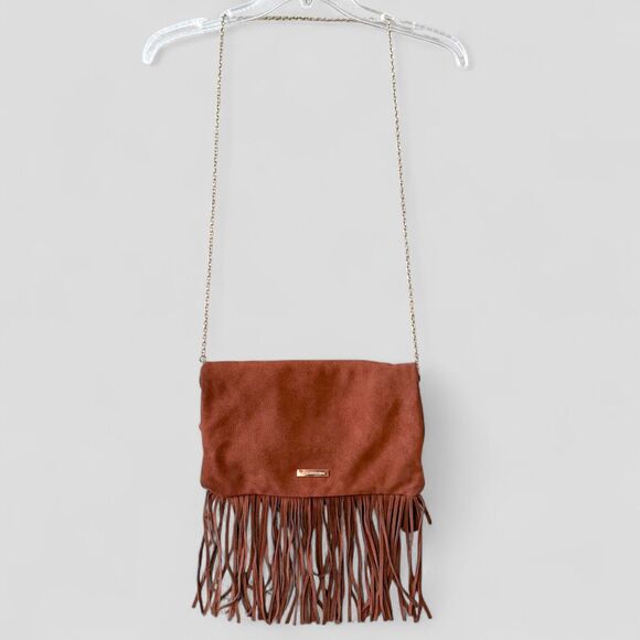 BCBGMAXAZARIA Crossbody Bag Brown Suede w/ Fringes Gold Chain Strap Purse - Picture 5 of 10